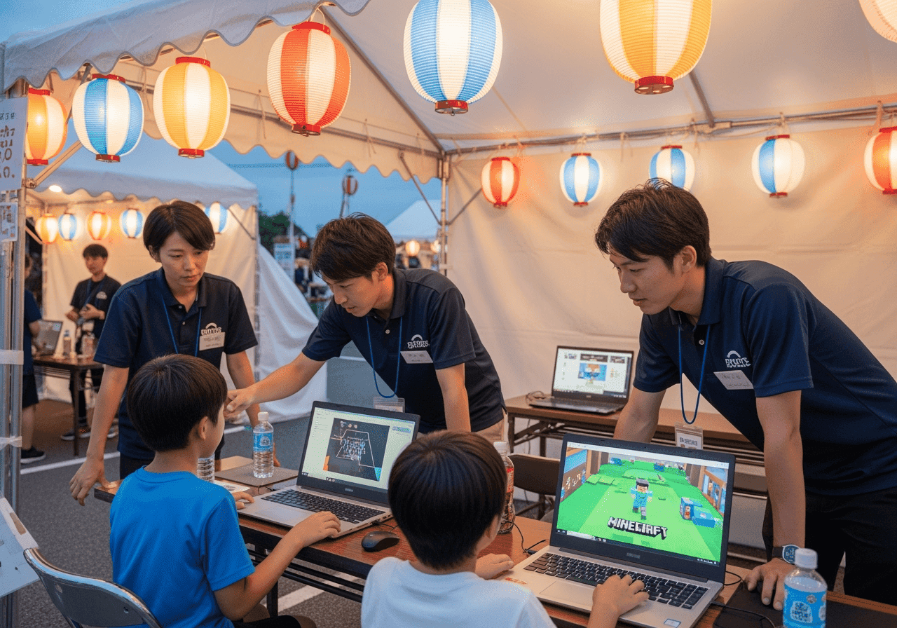 提灯を吊るした夏祭りのテントでマインクラフトを体験する子どもたち