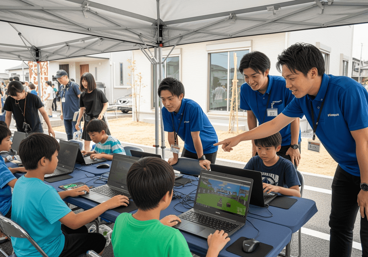 テント内に並べたノートパソコンで遊ぶ子どもたちとスタッフ